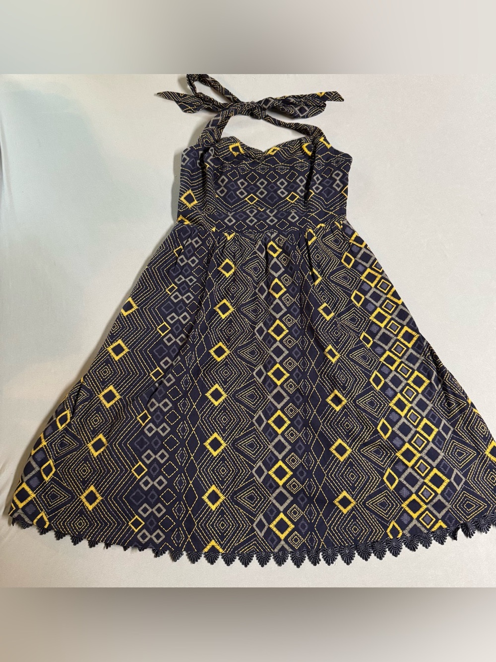 Anthropologie Rhythmic Repetition Blue Yellow Halter Dress Edme & Esyllte Sz 0